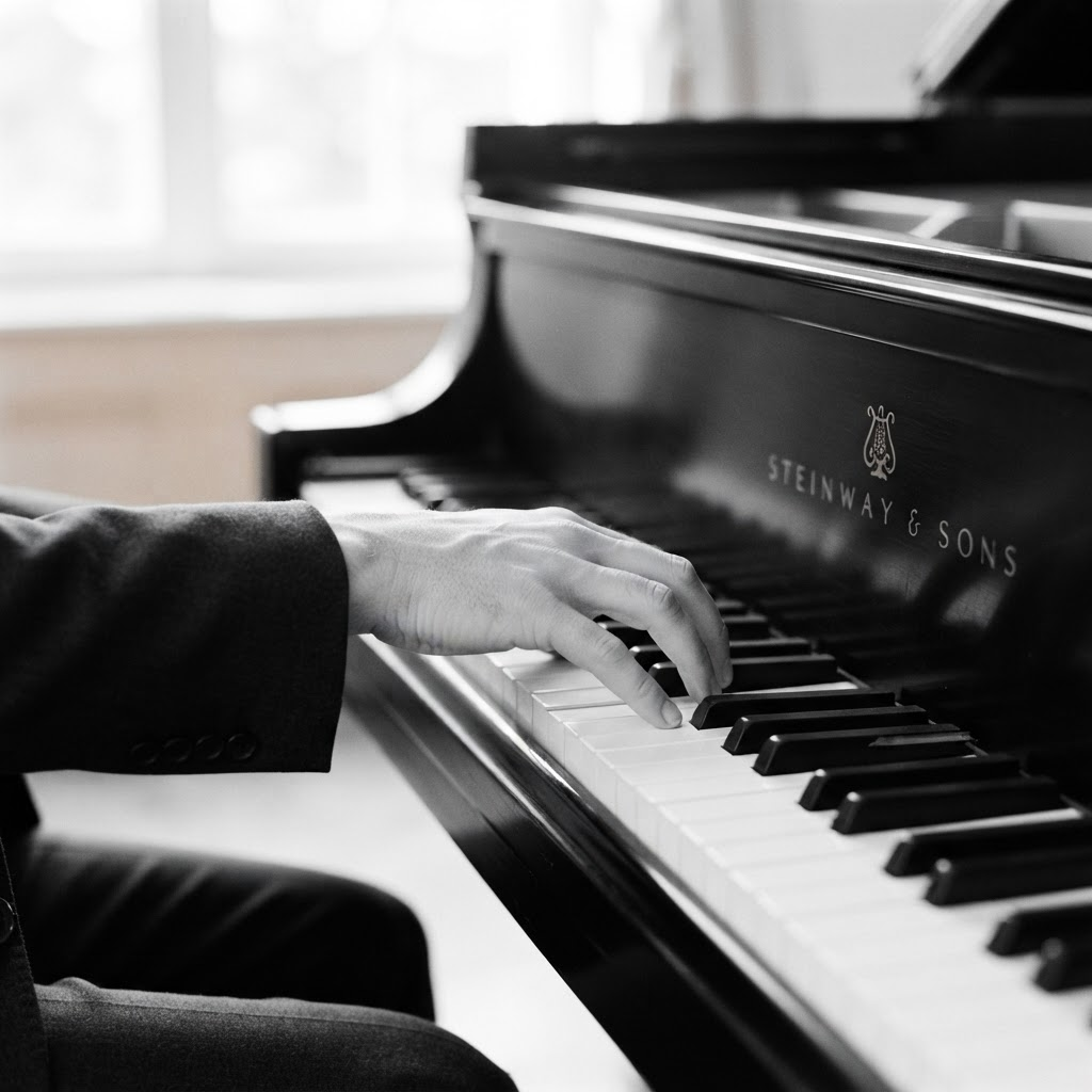 A pianist's hands playing a Steinway & Sons grand piano in black and white
